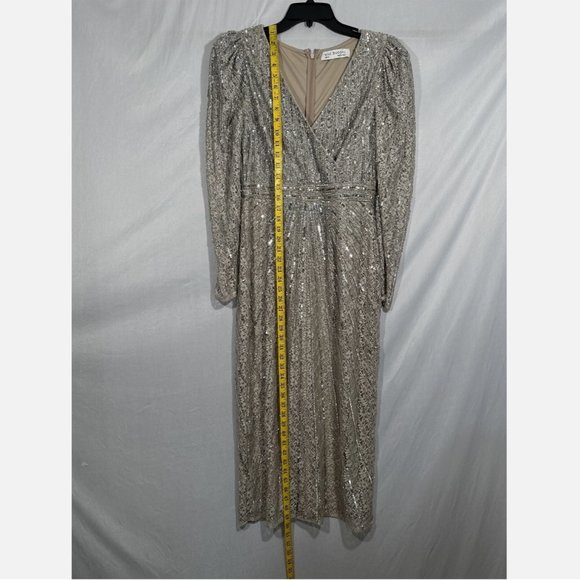 NWT $538 Mac Duggal [ 8 ] Beaded Lace Long‎ Sleeve Midi Dress Taupe - Picture 12 of 16